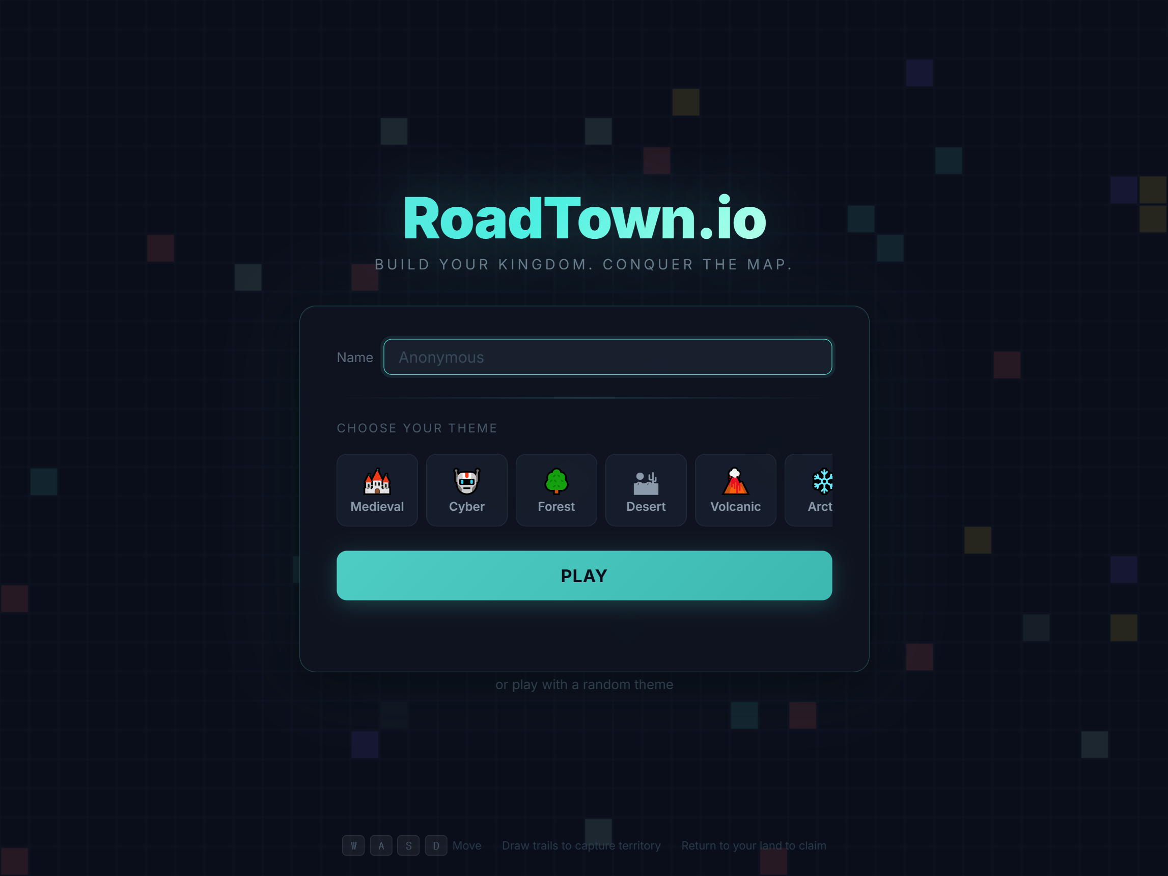 RoadTown.io 로비 — 이름 입력과 테마 선택